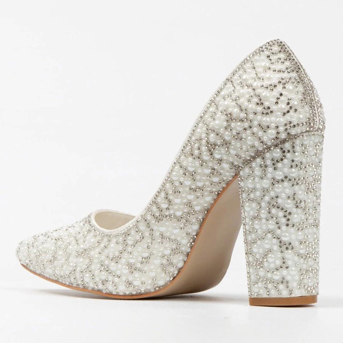 imageFSJ Women Luxury Pearl Studded Pointed Toe Pumps Chunky Block High Heel Sparkly Rhinestone Embellished Slip On Wedding Party Formal Event Shoes Size 416 USWhite Pearls