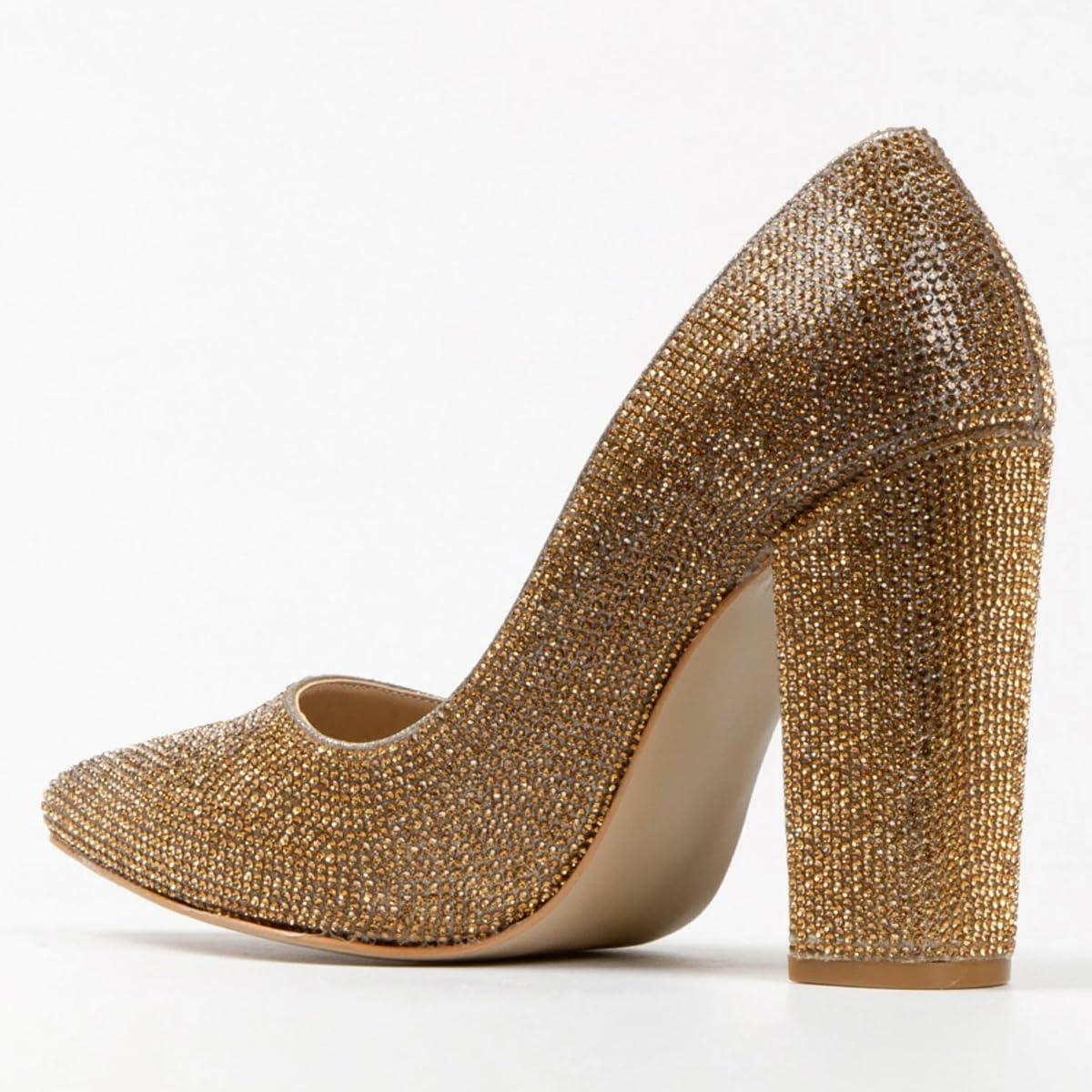 imageFSJ Women Luxury Pearl Studded Pointed Toe Pumps Chunky Block High Heel Sparkly Rhinestone Embellished Slip On Wedding Party Formal Event Shoes Size 416 USDark Gold Crystals