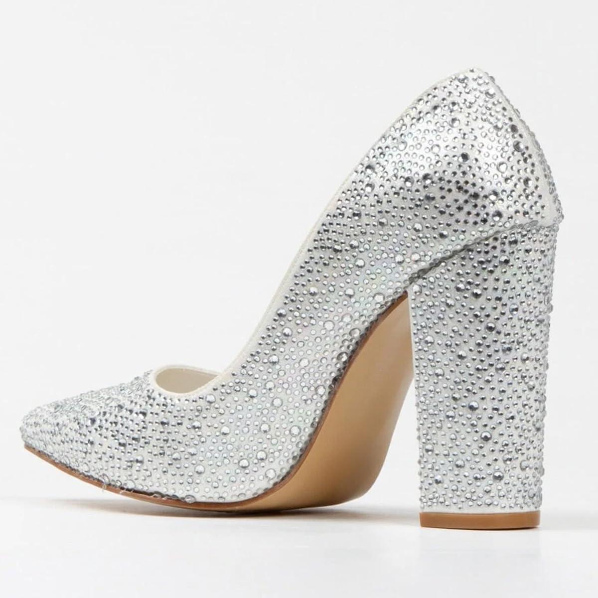 imageFSJ Women Luxury Pearl Studded Pointed Toe Pumps Chunky Block High Heel Sparkly Rhinestone Embellished Slip On Wedding Party Formal Event Shoes Size 416 USCrystals