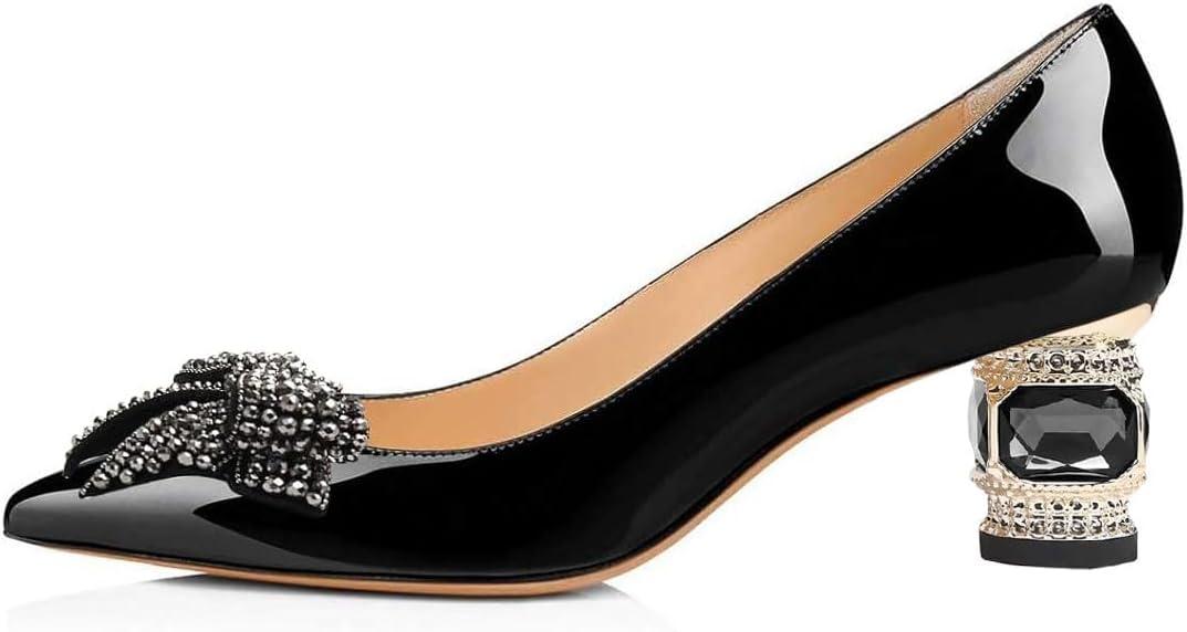 imageFSJ Women Pointed Toe Crystal Pump Rhinestone Bow Block Low Heel Slip On Comfy Date Shoes Size 416 USBlack2