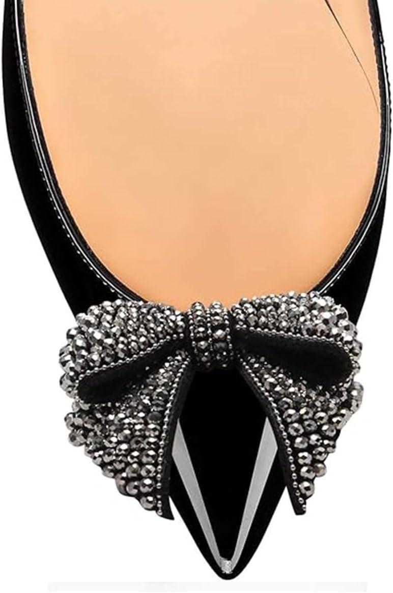 imageFSJ Women Pointed Toe Crystal Pump Rhinestone Bow Block Low Heel Slip On Comfy Date Shoes Size 416 USBlack2