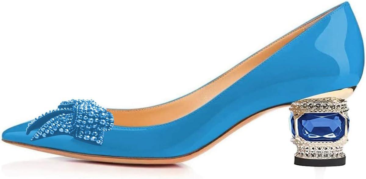 imageFSJ Women Pointed Toe Crystal Pump Rhinestone Bow Block Low Heel Slip On Comfy Date Shoes Size 416 USBlue