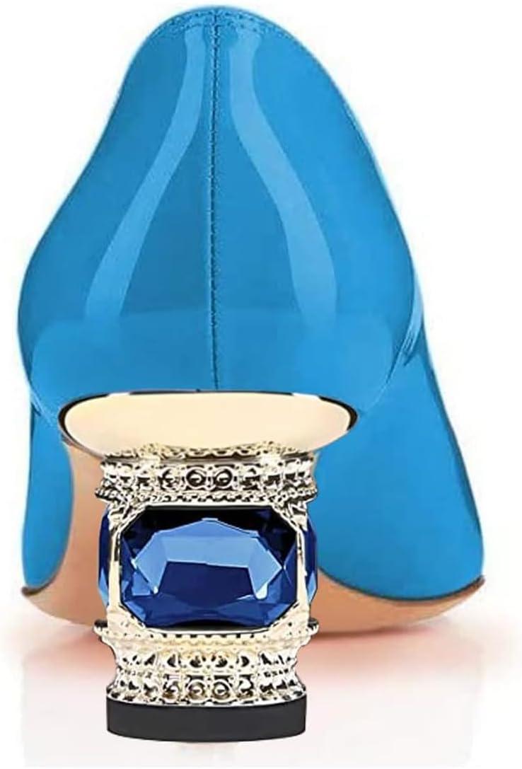 imageFSJ Women Pointed Toe Crystal Pump Rhinestone Bow Block Low Heel Slip On Comfy Date Shoes Size 416 USBlue