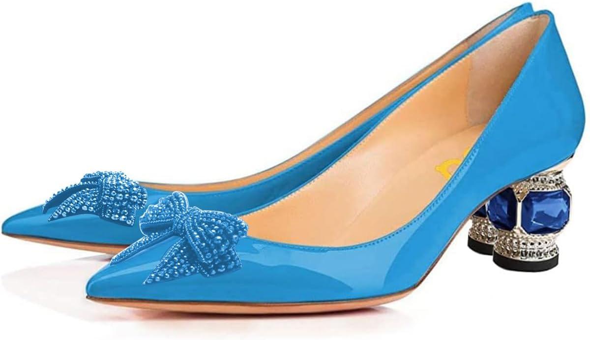 imageFSJ Women Pointed Toe Crystal Pump Rhinestone Bow Block Low Heel Slip On Comfy Date Shoes Size 416 USBlue