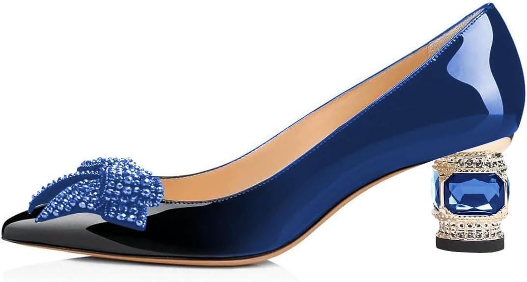 imageFSJ Women Pointed Toe Crystal Pump Rhinestone Bow Block Low Heel Slip On Comfy Date Shoes Size 416 USBlue Gradient