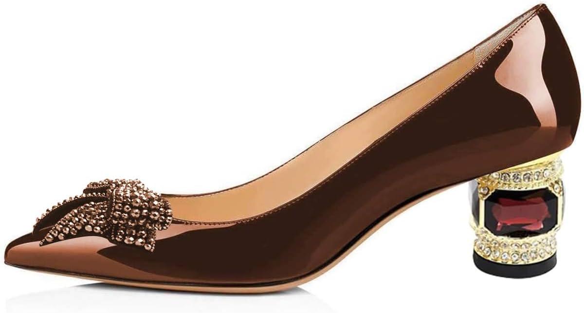 imageFSJ Women Pointed Toe Crystal Pump Rhinestone Bow Block Low Heel Slip On Comfy Date Shoes Size 416 USBrown
