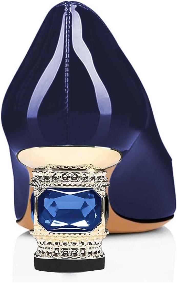 imageFSJ Women Pointed Toe Crystal Pump Rhinestone Bow Block Low Heel Slip On Comfy Date Shoes Size 416 USDark Blue