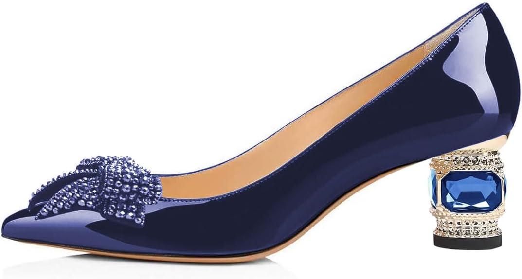 imageFSJ Women Pointed Toe Crystal Pump Rhinestone Bow Block Low Heel Slip On Comfy Date Shoes Size 416 USDark Blue