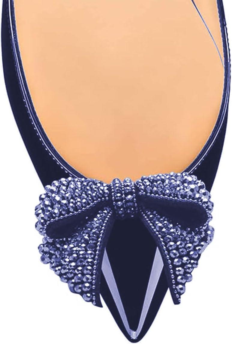 imageFSJ Women Pointed Toe Crystal Pump Rhinestone Bow Block Low Heel Slip On Comfy Date Shoes Size 416 USDark Blue