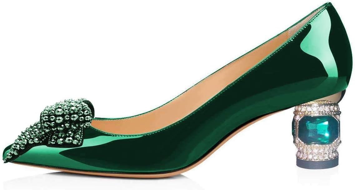 imageFSJ Women Pointed Toe Crystal Pump Rhinestone Bow Block Low Heel Slip On Comfy Date Shoes Size 416 USGreen
