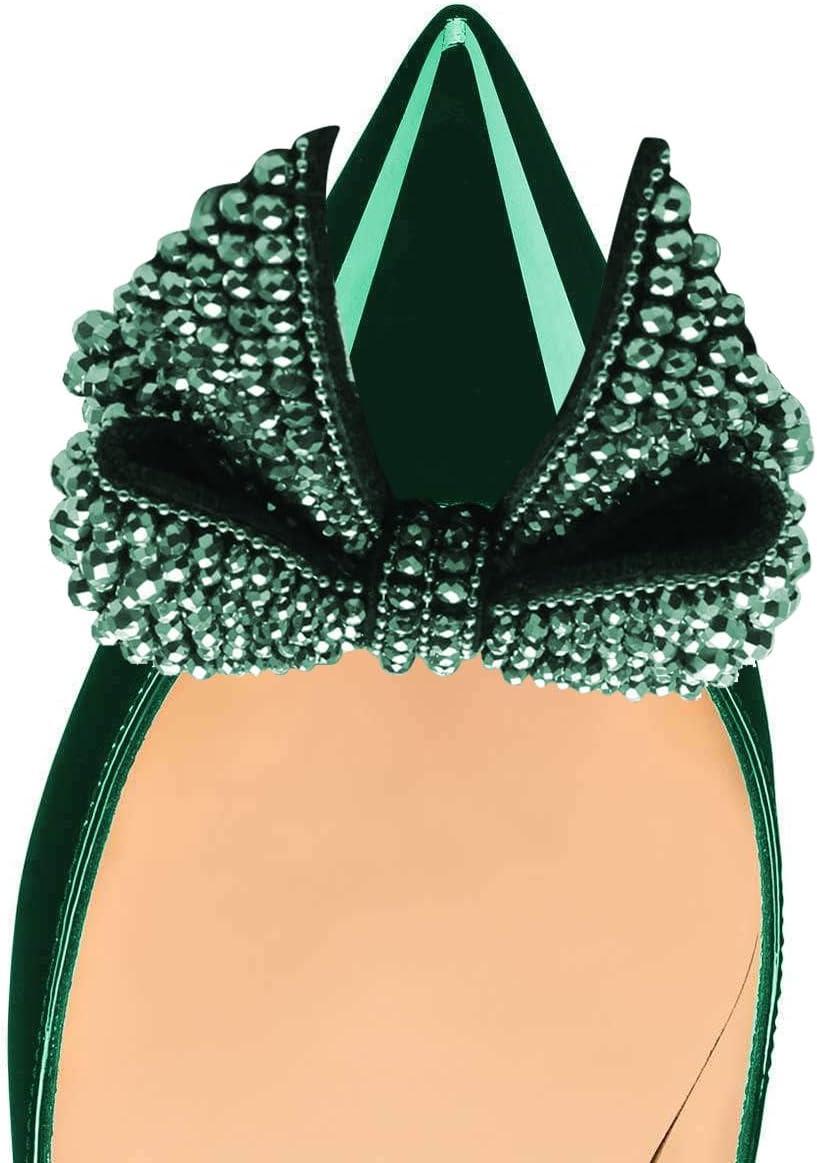 imageFSJ Women Pointed Toe Crystal Pump Rhinestone Bow Block Low Heel Slip On Comfy Date Shoes Size 416 USGreen