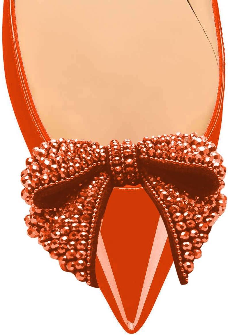 imageFSJ Women Pointed Toe Crystal Pump Rhinestone Bow Block Low Heel Slip On Comfy Date Shoes Size 416 USOrange