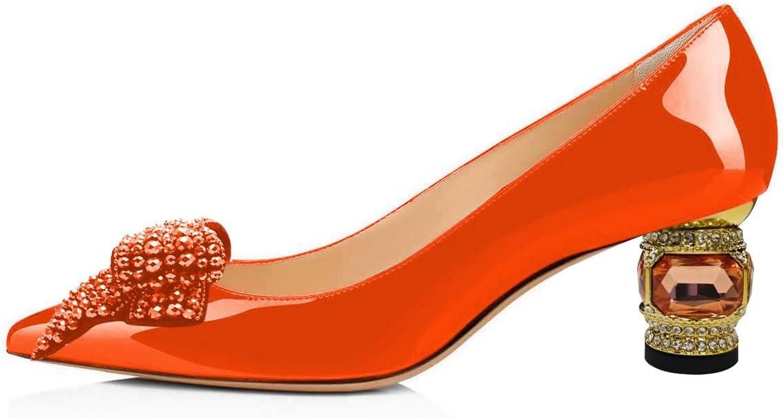 imageFSJ Women Pointed Toe Crystal Pump Rhinestone Bow Block Low Heel Slip On Comfy Date Shoes Size 416 USOrange