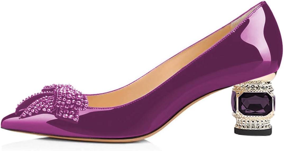 imageFSJ Women Pointed Toe Crystal Pump Rhinestone Bow Block Low Heel Slip On Comfy Date Shoes Size 416 USPurple2