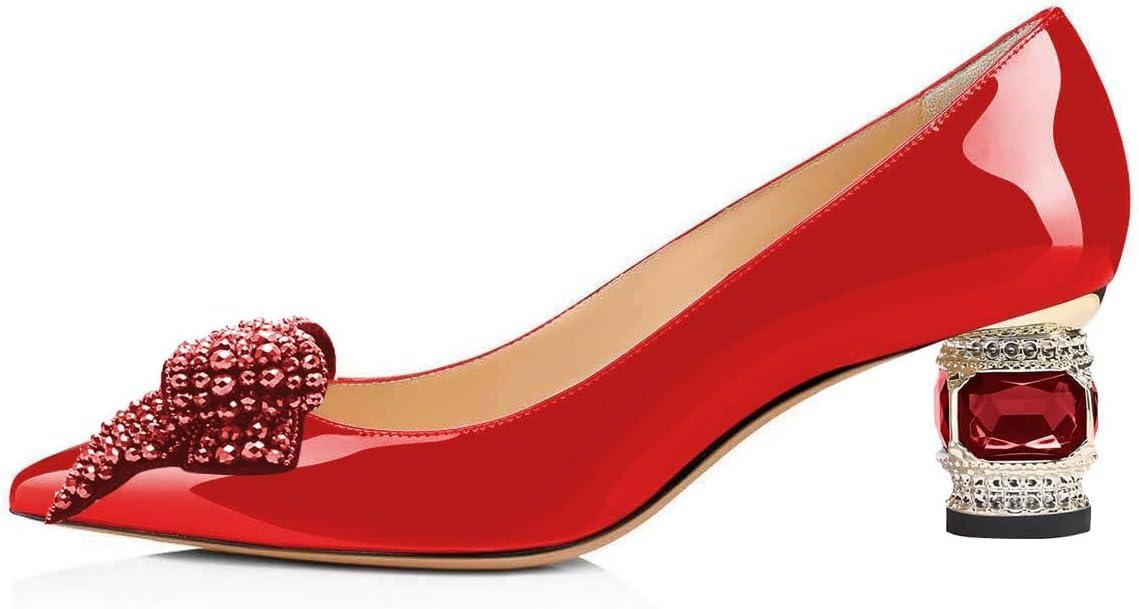 imageFSJ Women Pointed Toe Crystal Pump Rhinestone Bow Block Low Heel Slip On Comfy Date Shoes Size 416 USRed