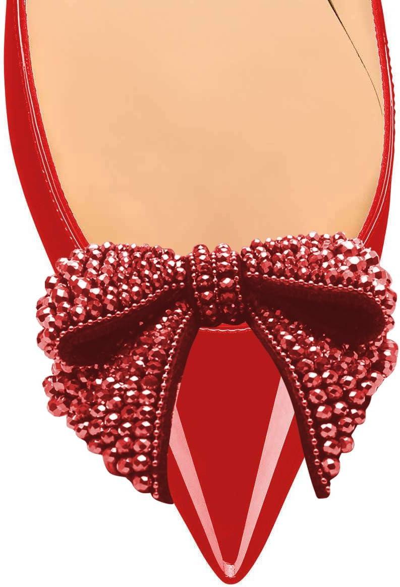 imageFSJ Women Pointed Toe Crystal Pump Rhinestone Bow Block Low Heel Slip On Comfy Date Shoes Size 416 USRed