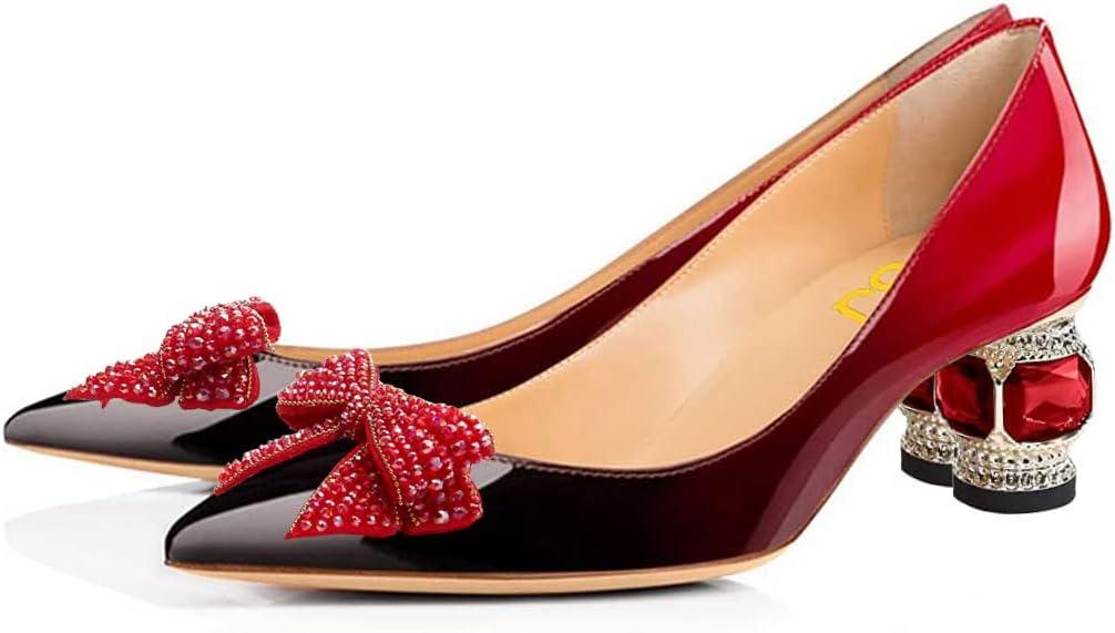 imageFSJ Women Pointed Toe Crystal Pump Rhinestone Bow Block Low Heel Slip On Comfy Date Shoes Size 416 USRed Gradient