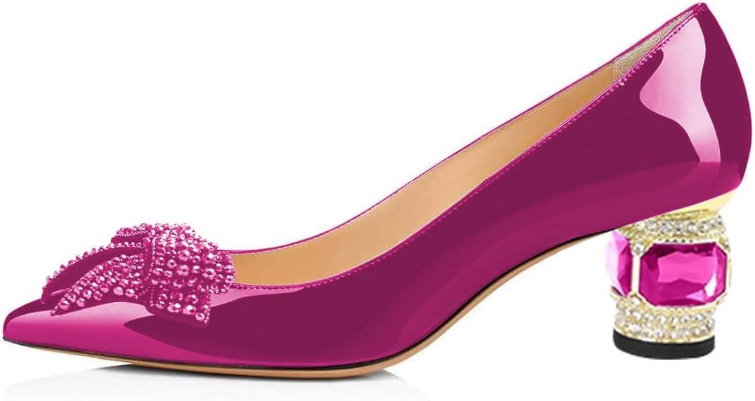 imageFSJ Women Pointed Toe Crystal Pump Rhinestone Bow Block Low Heel Slip On Comfy Date Shoes Size 416 USViolet Red