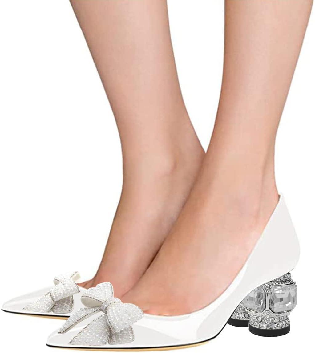 imageFSJ Women Pointed Toe Crystal Pump Rhinestone Bow Block Low Heel Slip On Comfy Date Shoes Size 416 USWhite