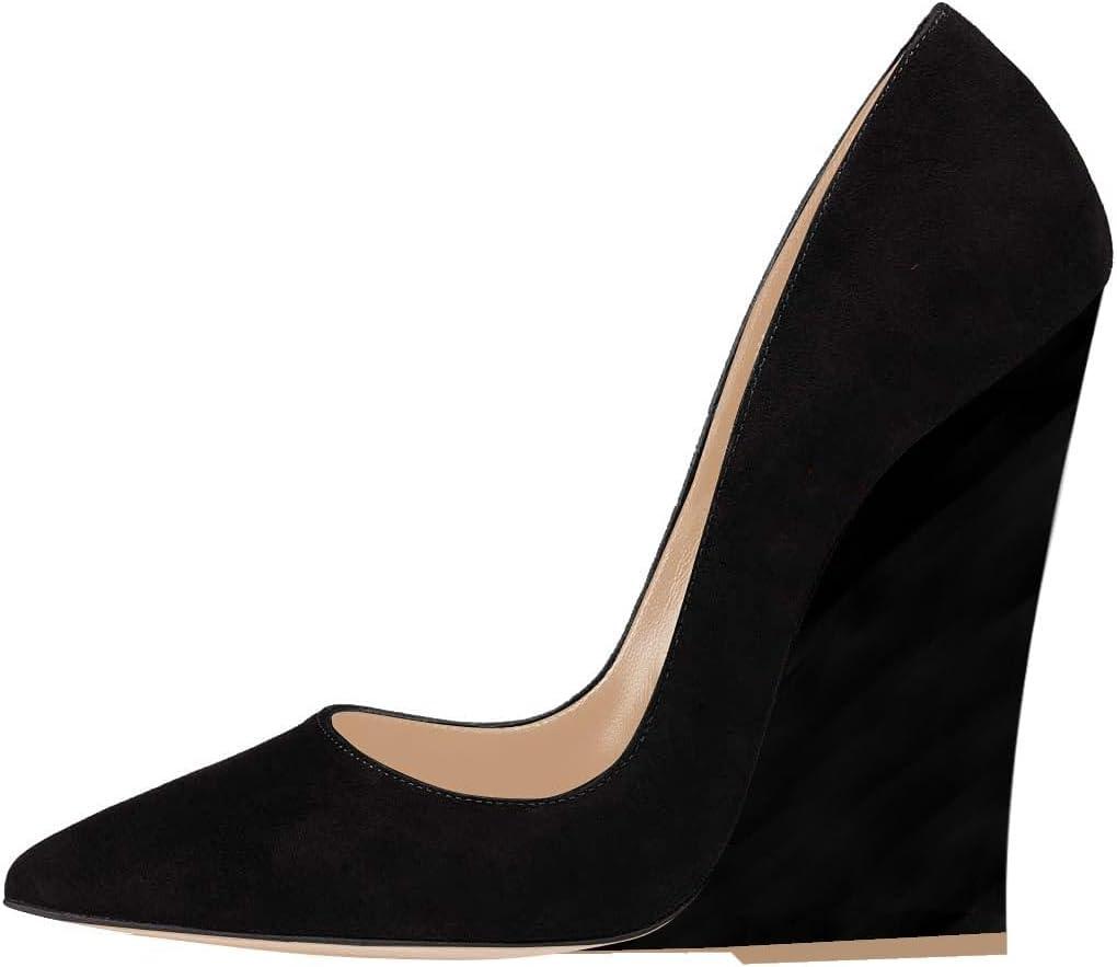imageFSJ Women Pointed Toe Wedges High Heel Pumps Sexy Slip On Formal Closed Toe Wedding Party Evening Dress Shoes Size 416 USBlack Suede