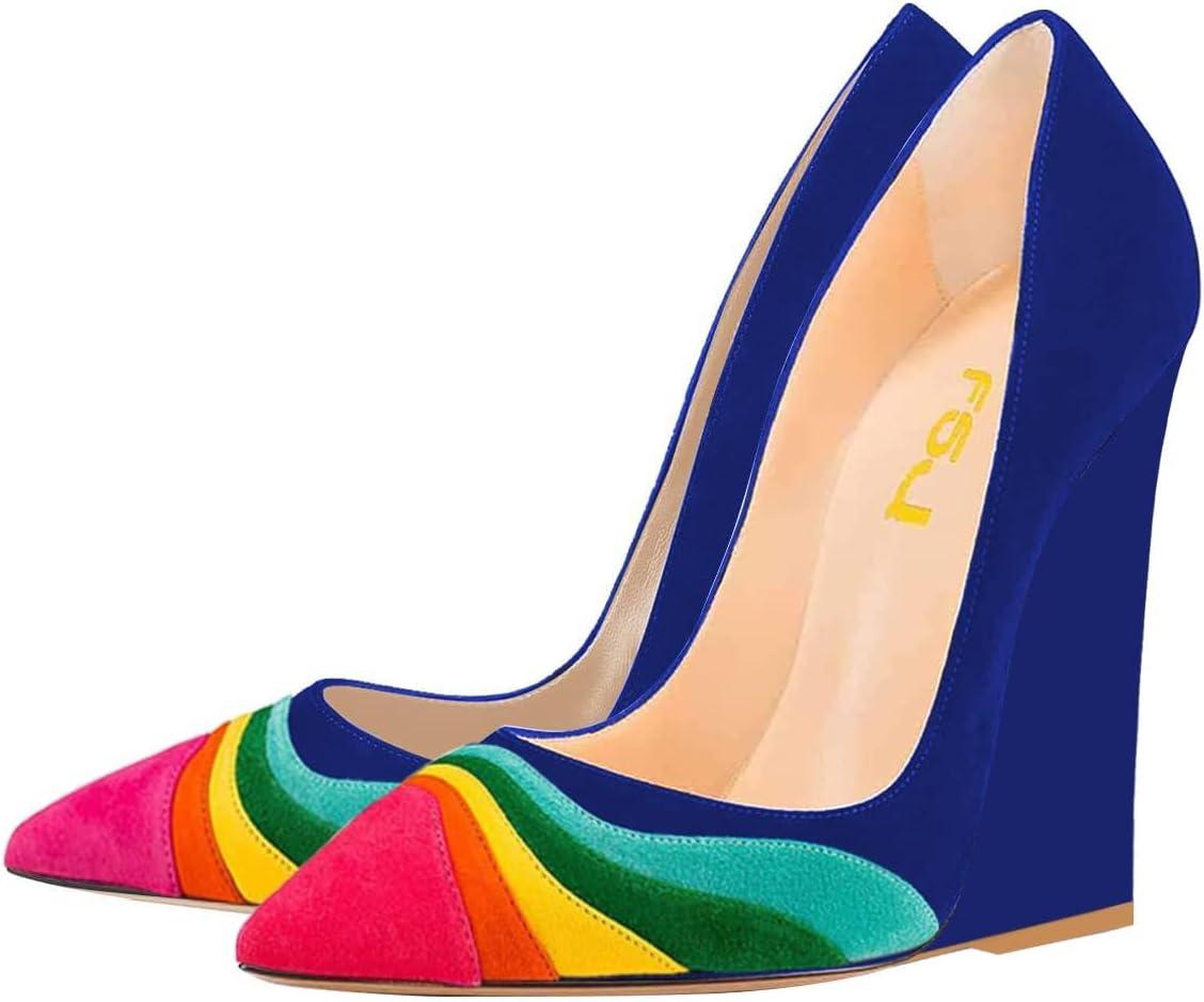 imageFSJ Women Pointed Toe Wedges High Heel Pumps Sexy Slip On Formal Closed Toe Wedding Party Evening Dress Shoes Size 416 USBlue Multicolor Rainbow