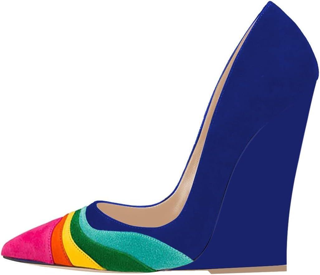 imageFSJ Women Pointed Toe Wedges High Heel Pumps Sexy Slip On Formal Closed Toe Wedding Party Evening Dress Shoes Size 416 USBlue Multicolor Rainbow