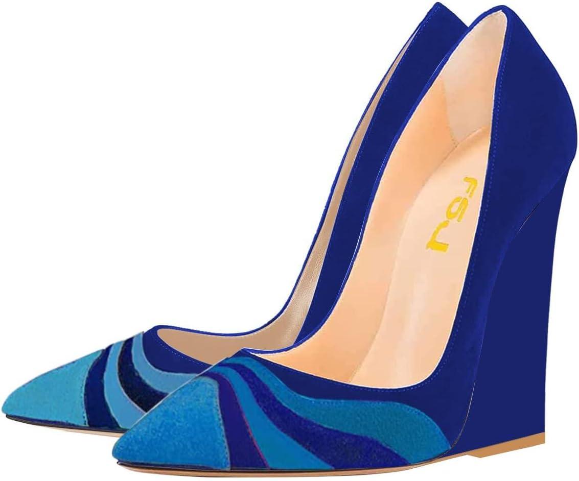 imageFSJ Women Pointed Toe Wedges High Heel Pumps Sexy Slip On Formal Closed Toe Wedding Party Evening Dress Shoes Size 416 USBlue Rainbow