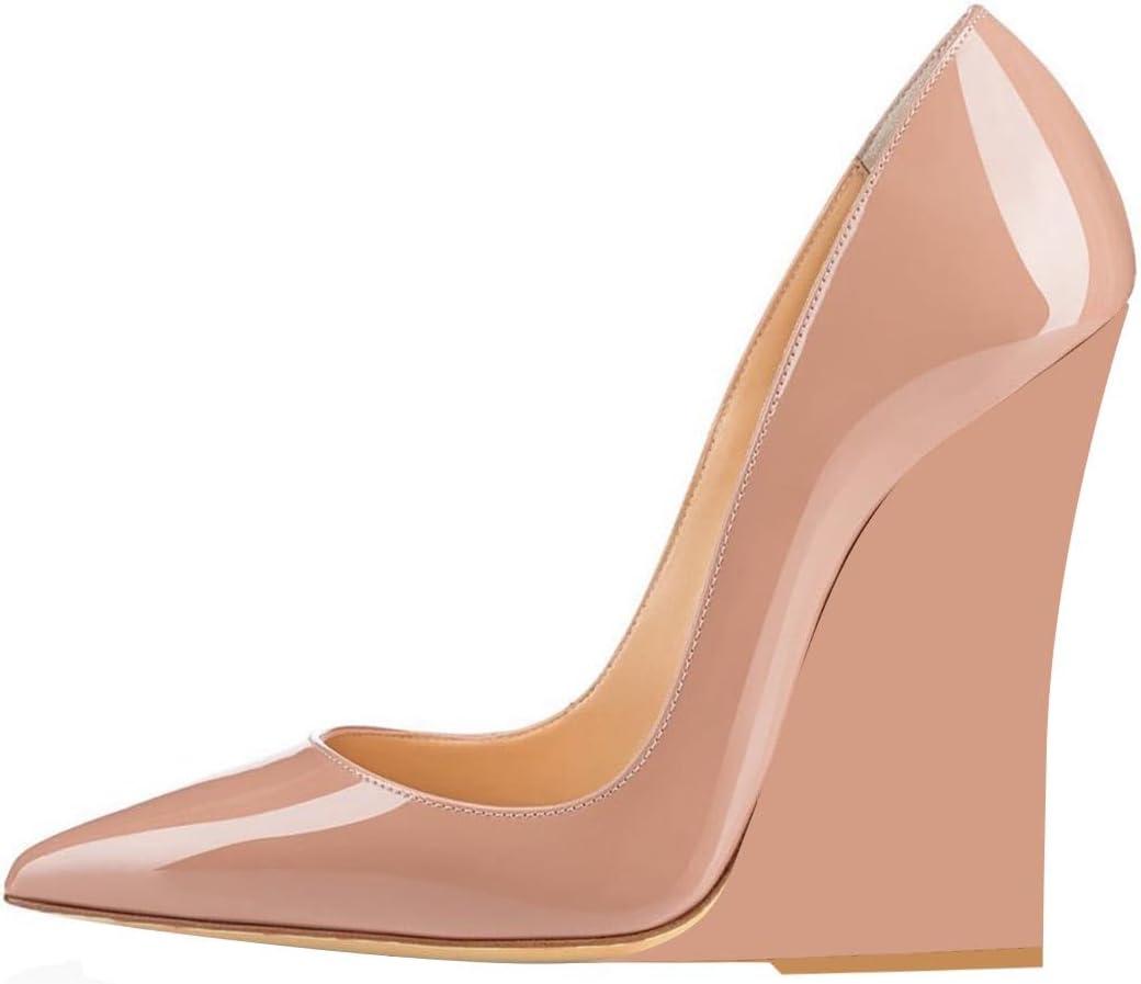 imageFSJ Women Pointed Toe Wedges High Heel Pumps Sexy Slip On Formal Closed Toe Wedding Party Evening Dress Shoes Size 416 USNude