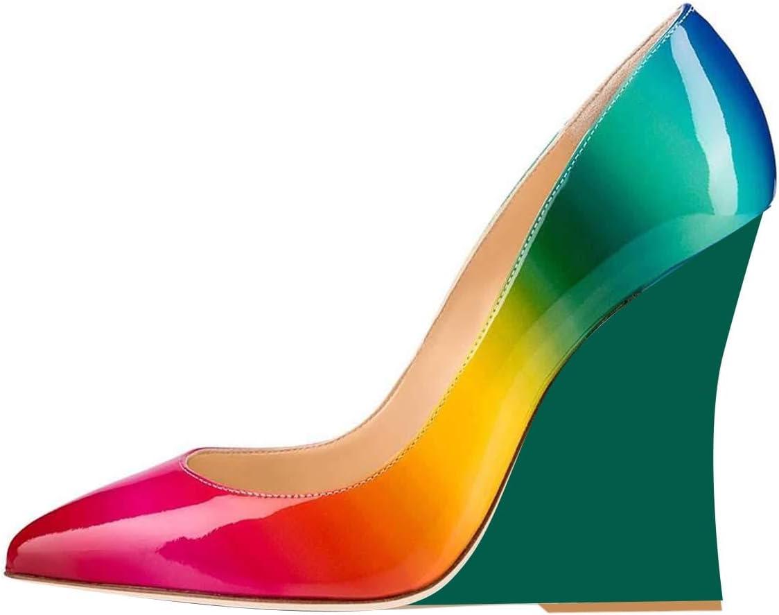 imageFSJ Women Pointed Toe Wedges High Heel Pumps Sexy Slip On Formal Closed Toe Wedding Party Evening Dress Shoes Size 416 USRainbow