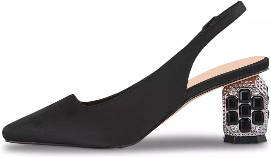 imageFSJ Women Slingback Mid Chunky Heels Pumps Closed Square Toe Crystal Block Wedding Office Work Shoes Size 416 USBlack