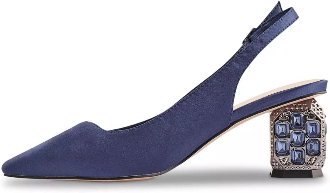 imageFSJ Women Slingback Mid Chunky Heels Pumps Closed Square Toe Crystal Block Wedding Office Work Shoes Size 416 USBlue