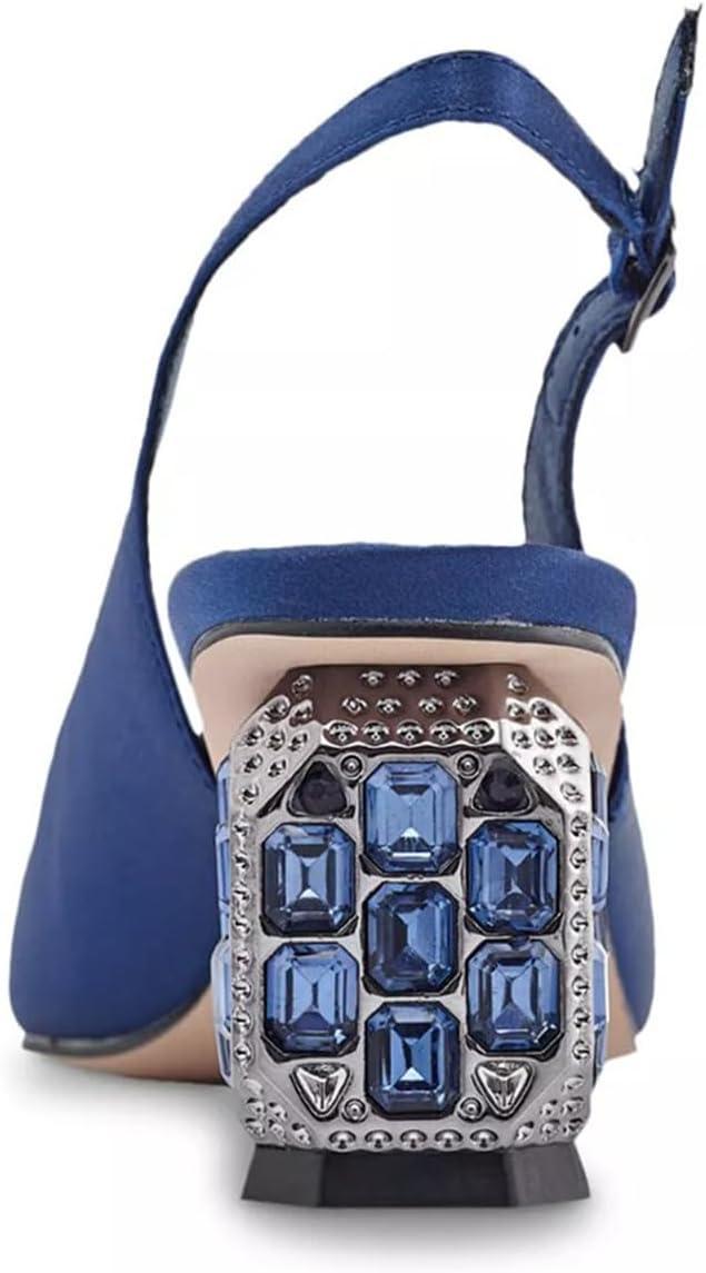 imageFSJ Women Slingback Mid Chunky Heels Pumps Closed Square Toe Crystal Block Wedding Office Work Shoes Size 416 USBlue