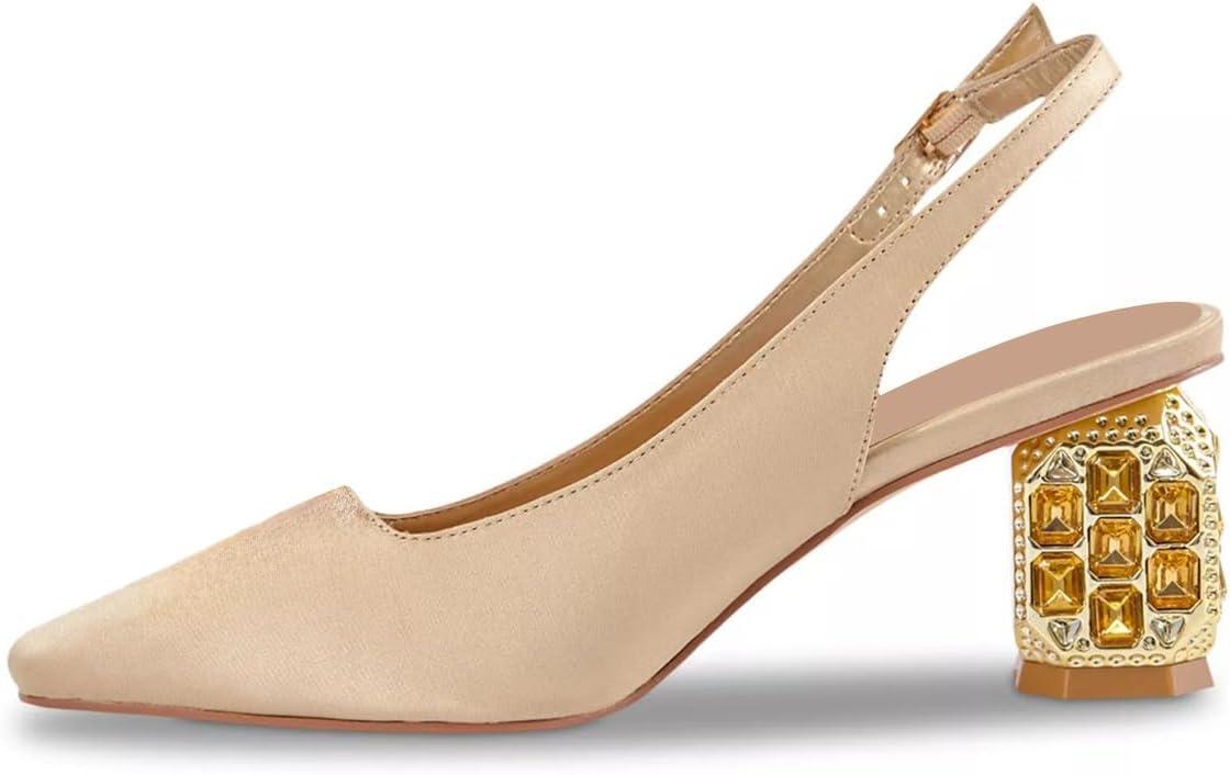 imageFSJ Women Slingback Mid Chunky Heels Pumps Closed Square Toe Crystal Block Wedding Office Work Shoes Size 416 USGold