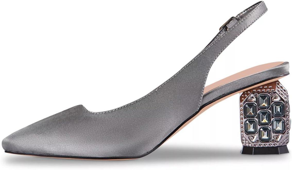 imageFSJ Women Slingback Mid Chunky Heels Pumps Closed Square Toe Crystal Block Wedding Office Work Shoes Size 416 USGrey