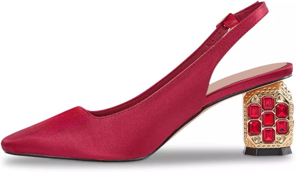 imageFSJ Women Slingback Mid Chunky Heels Pumps Closed Square Toe Crystal Block Wedding Office Work Shoes Size 416 USRed