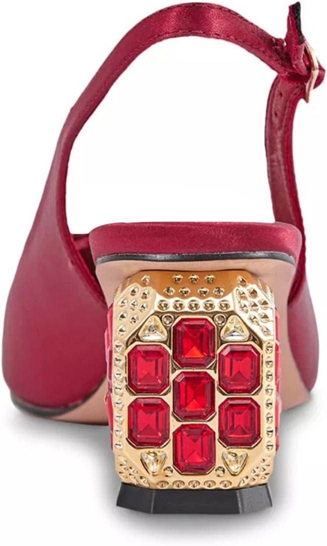 imageFSJ Women Slingback Mid Chunky Heels Pumps Closed Square Toe Crystal Block Wedding Office Work Shoes Size 416 USRed