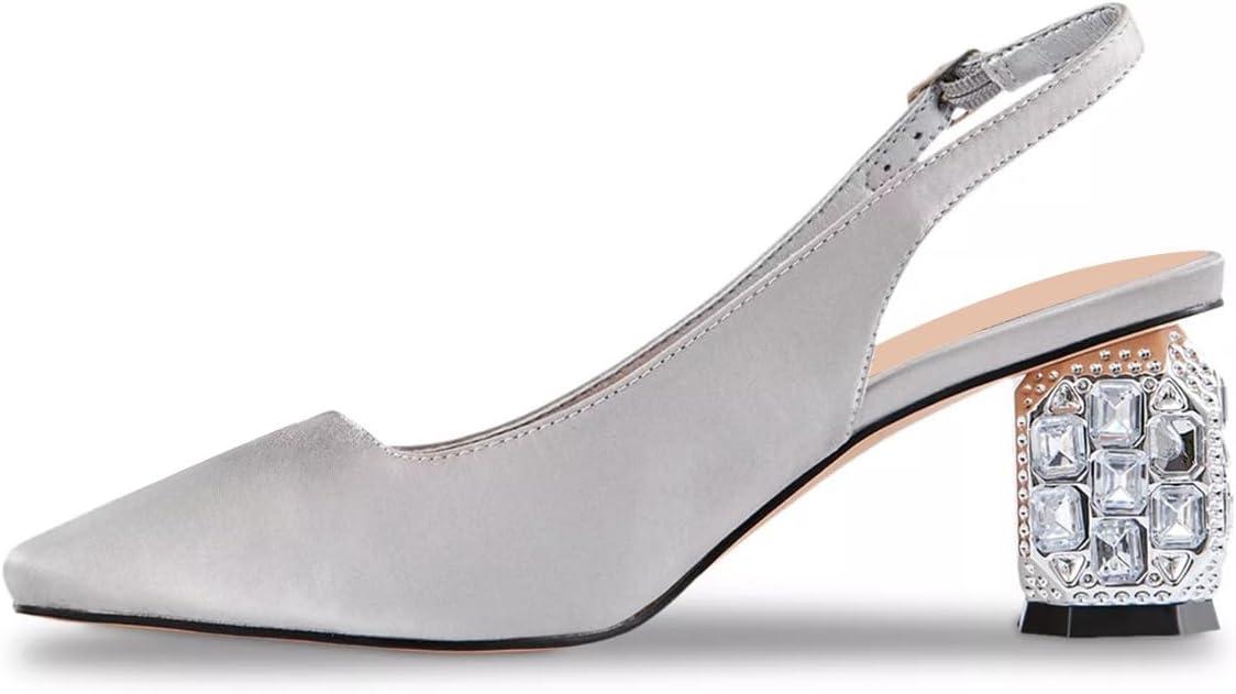 imageFSJ Women Slingback Mid Chunky Heels Pumps Closed Square Toe Crystal Block Wedding Office Work Shoes Size 416 USSilver