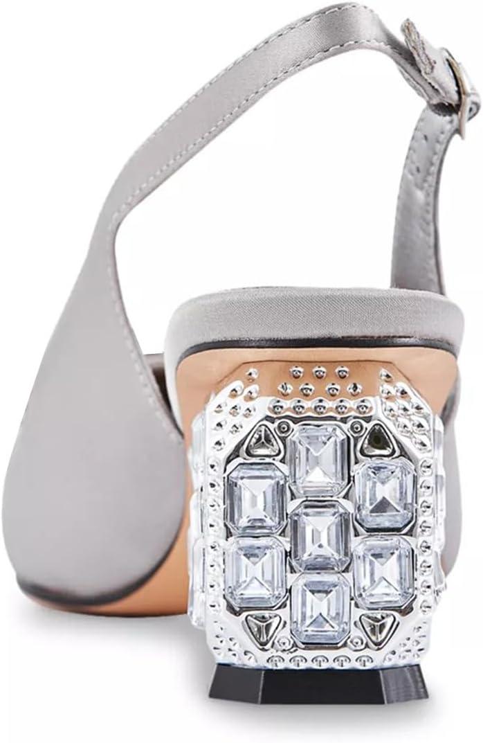 imageFSJ Women Slingback Mid Chunky Heels Pumps Closed Square Toe Crystal Block Wedding Office Work Shoes Size 416 USSilver