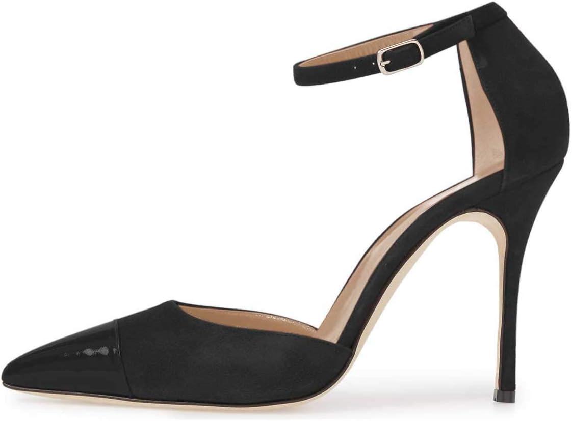 imageFSJ Women Stiletto High Heels DOrsay Pumps Pointed Closed Point Toe Ankle Strap Office Dress Shoes Size 415 M USBlack Suede