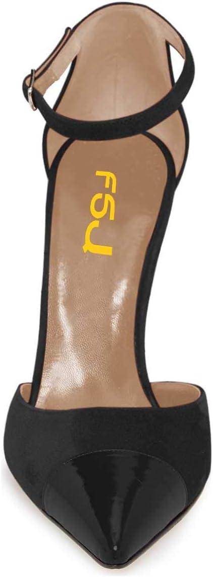 imageFSJ Women Stiletto High Heels DOrsay Pumps Pointed Closed Point Toe Ankle Strap Office Dress Shoes Size 415 M USBlack Suede