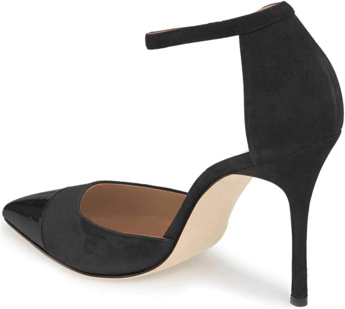imageFSJ Women Stiletto High Heels DOrsay Pumps Pointed Closed Point Toe Ankle Strap Office Dress Shoes Size 415 M USBlack Suede