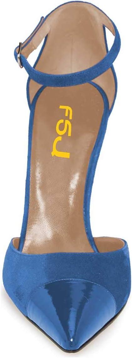 imageFSJ Women Stiletto High Heels DOrsay Pumps Pointed Closed Point Toe Ankle Strap Office Dress Shoes Size 415 M USBlue