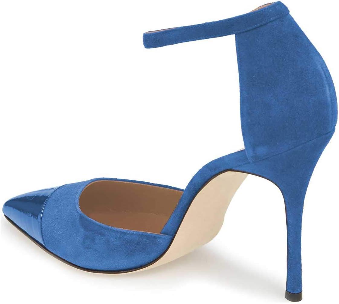 imageFSJ Women Stiletto High Heels DOrsay Pumps Pointed Closed Point Toe Ankle Strap Office Dress Shoes Size 415 M USBlue