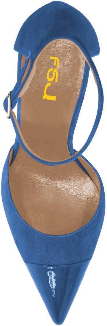 imageFSJ Women Stiletto High Heels DOrsay Pumps Pointed Closed Point Toe Ankle Strap Office Dress Shoes Size 415 M USBlue