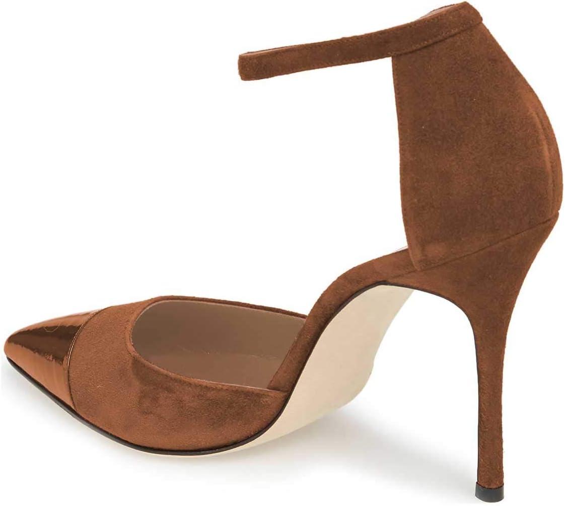 imageFSJ Women Stiletto High Heels DOrsay Pumps Pointed Closed Point Toe Ankle Strap Office Dress Shoes Size 415 M USBrown
