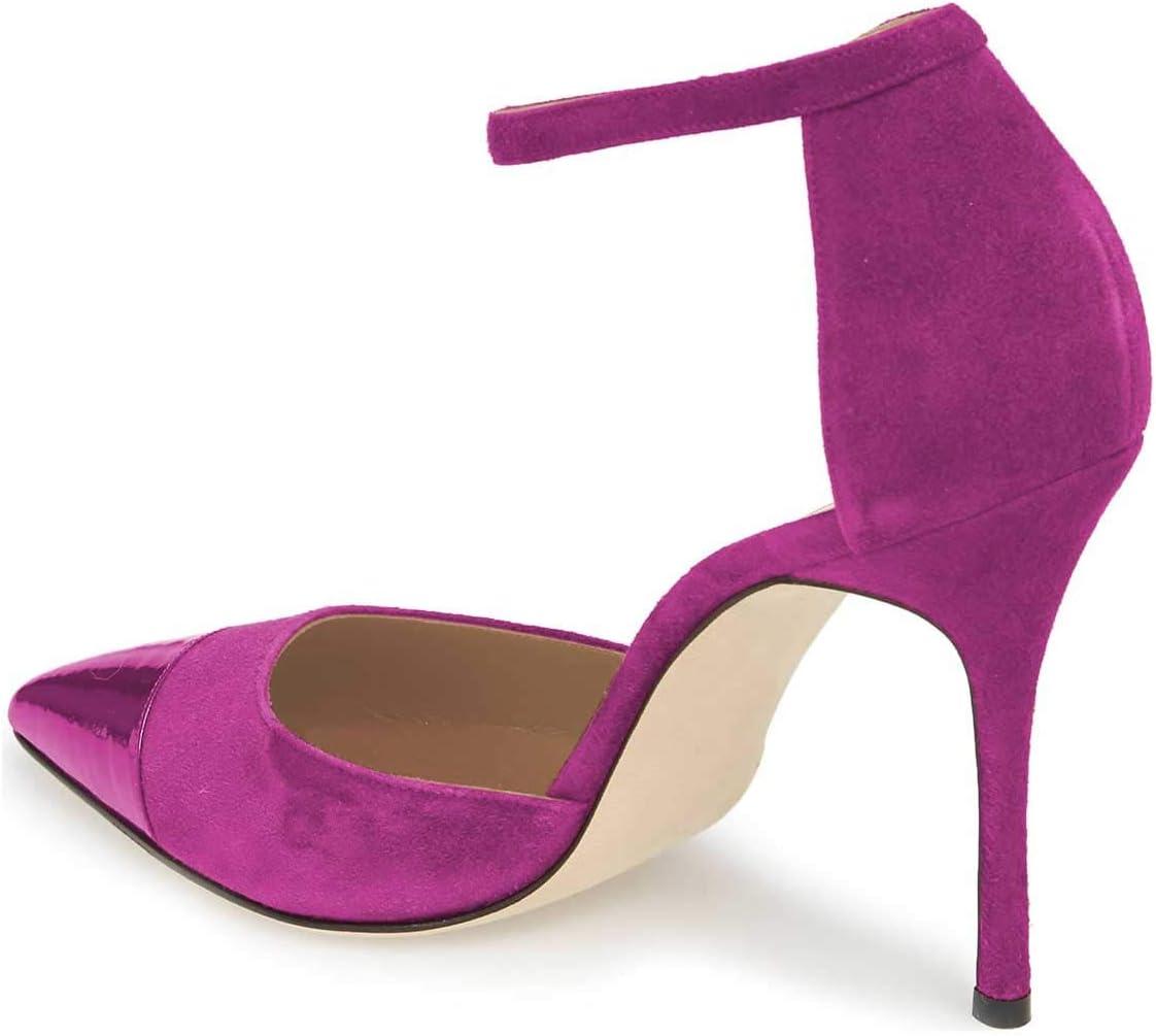 imageFSJ Women Stiletto High Heels DOrsay Pumps Pointed Closed Point Toe Ankle Strap Office Dress Shoes Size 415 M USFuchsia