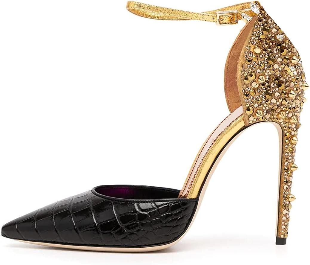 imageFSJ Women Stiletto High Heels DOrsay Pumps Pointed Closed Point Toe Ankle Strap Office Dress Shoes Size 415 M USGold Rivets