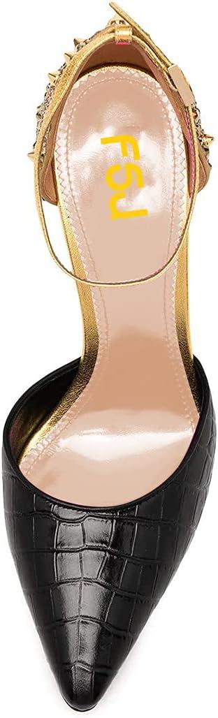 imageFSJ Women Stiletto High Heels DOrsay Pumps Pointed Closed Point Toe Ankle Strap Office Dress Shoes Size 415 M USGold Rivets