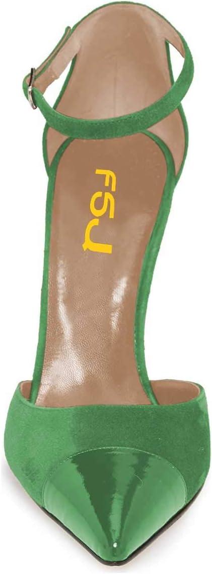 imageFSJ Women Stiletto High Heels DOrsay Pumps Pointed Closed Point Toe Ankle Strap Office Dress Shoes Size 415 M USGreen