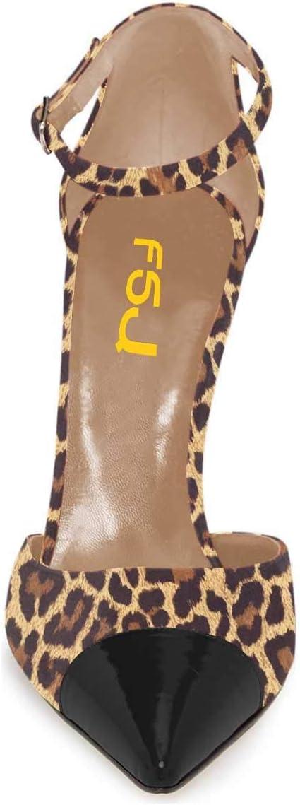 imageFSJ Women Stiletto High Heels DOrsay Pumps Pointed Closed Point Toe Ankle Strap Office Dress Shoes Size 415 M USLeopard
